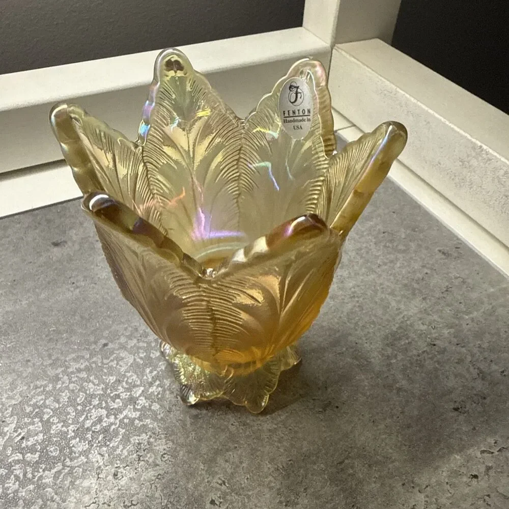 VTG Fenton Vintage Amber Iridescent Tulip Votive Candle Holder